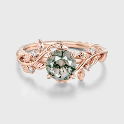 Leaf Nature-Inspired Round Cut Green Moss Agate Engagement Ring in 14K Rose Gold – Unique Bridal Promise Ring