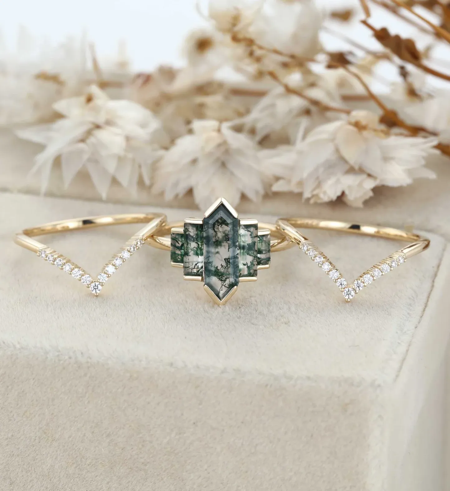 3PCS Hexagon Moss Agate Engagement Ring Set in 14K Yellow Gold – Unique Bezel Cluster Baguette Design