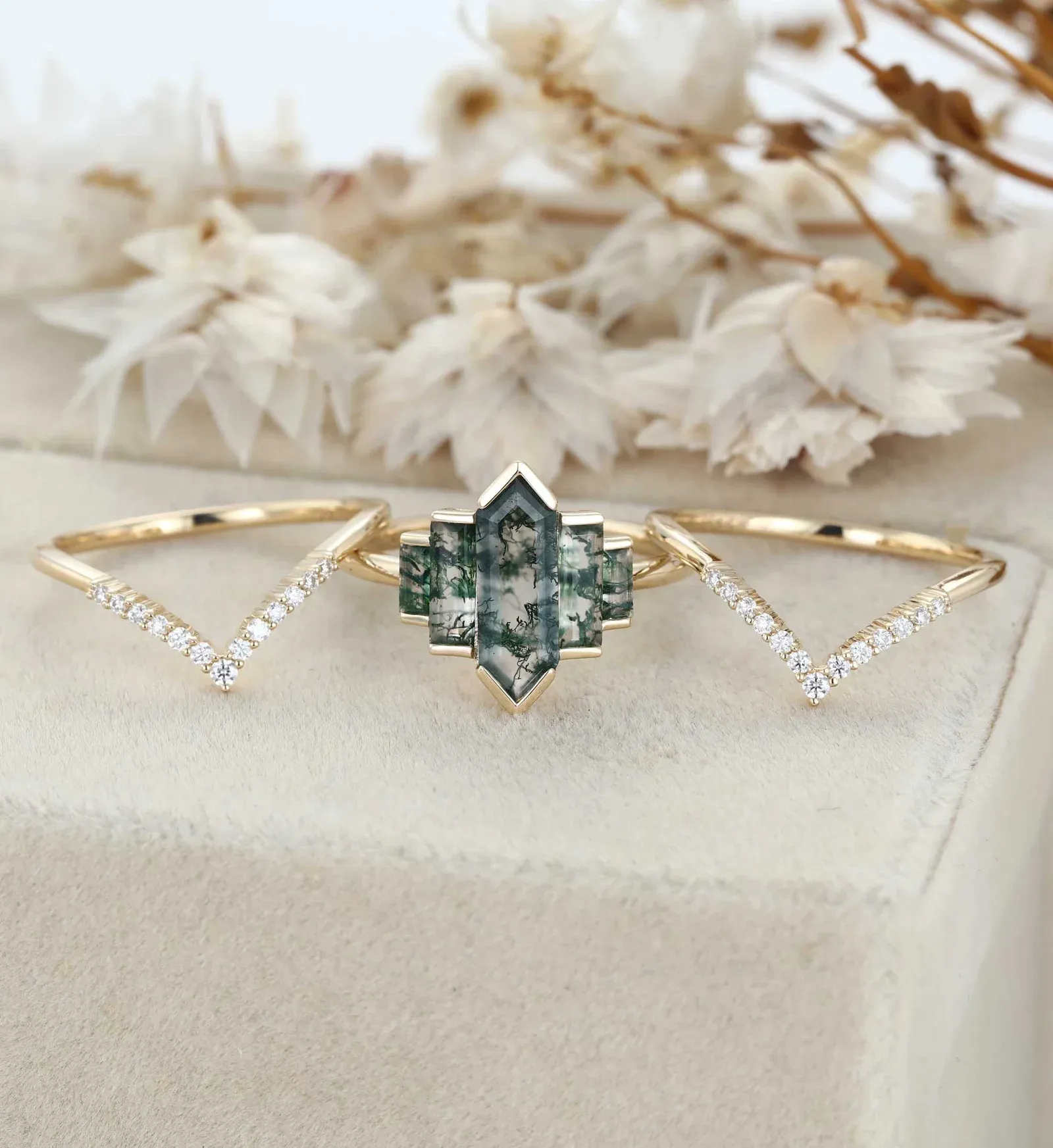 3PCS Hexagon Moss Agate Engagement Ring Set in 14K Yellow Gold – Unique Bezel Cluster Baguette Design
