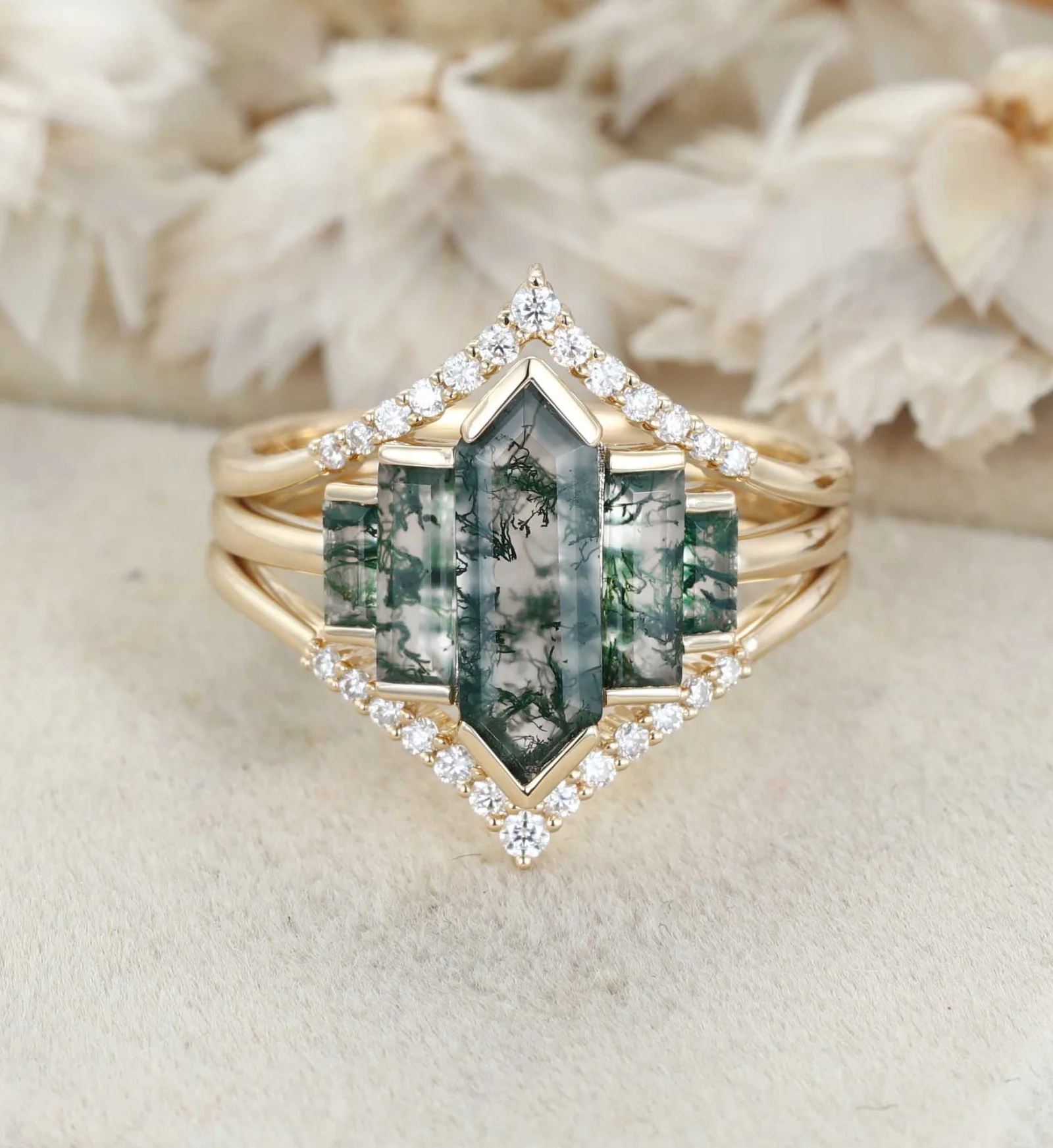3PCS Hexagon Moss Agate Engagement Ring Set in 14K Yellow Gold – Unique Bezel Cluster Baguette Design