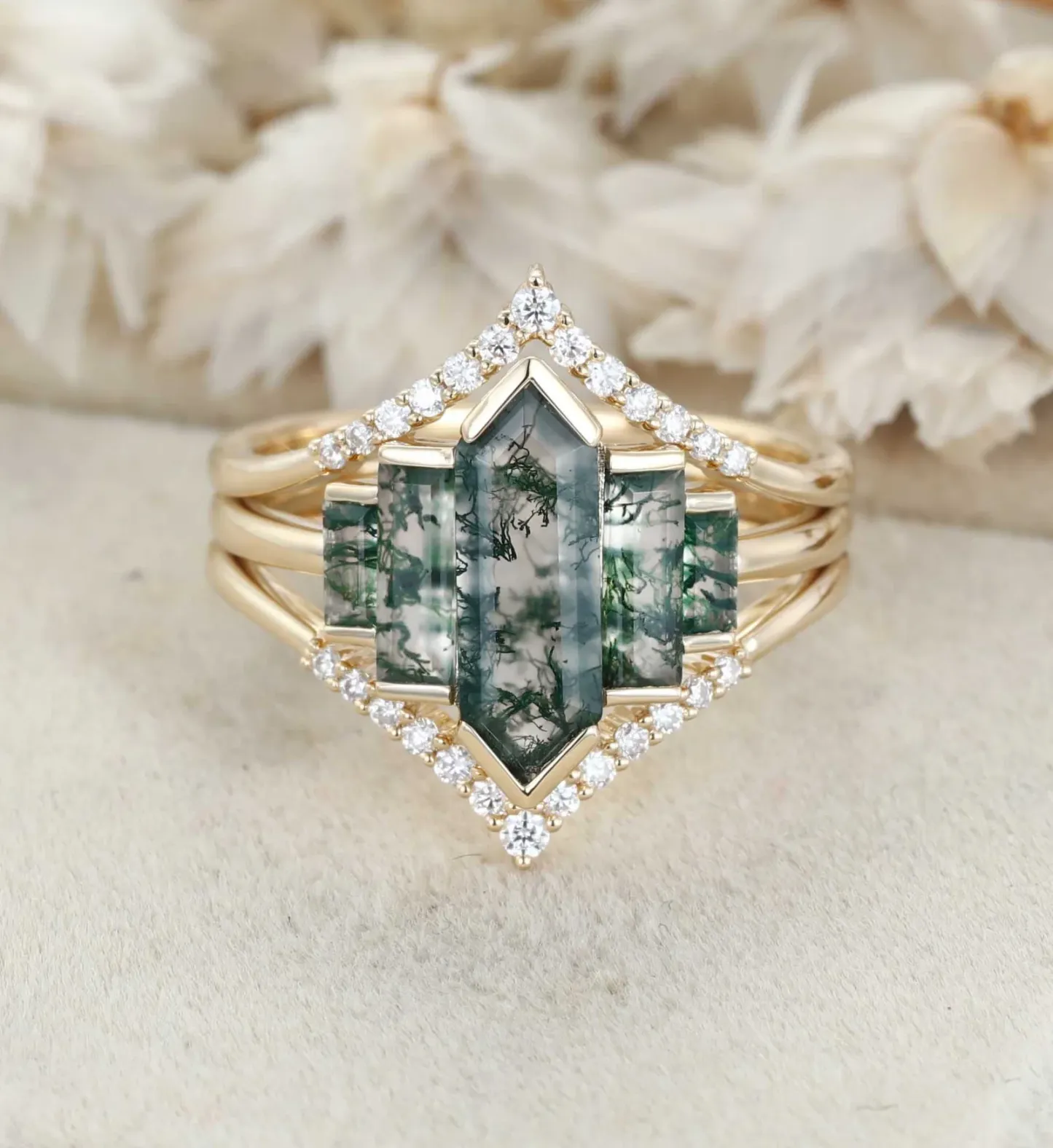 3PCS Hexagon Moss Agate Engagement Ring Set in 14K Yellow Gold – Unique Bezel Cluster Baguette Design