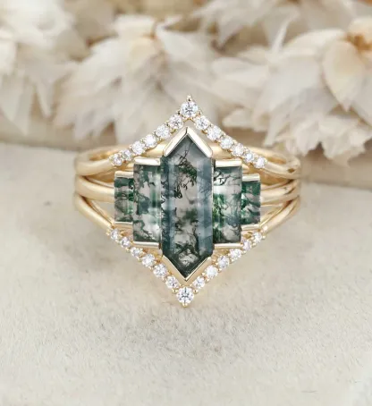 3PCS Hexagon Moss Agate Engagement Ring Set in 14K Yellow Gold – Unique Bezel Cluster Baguette Design