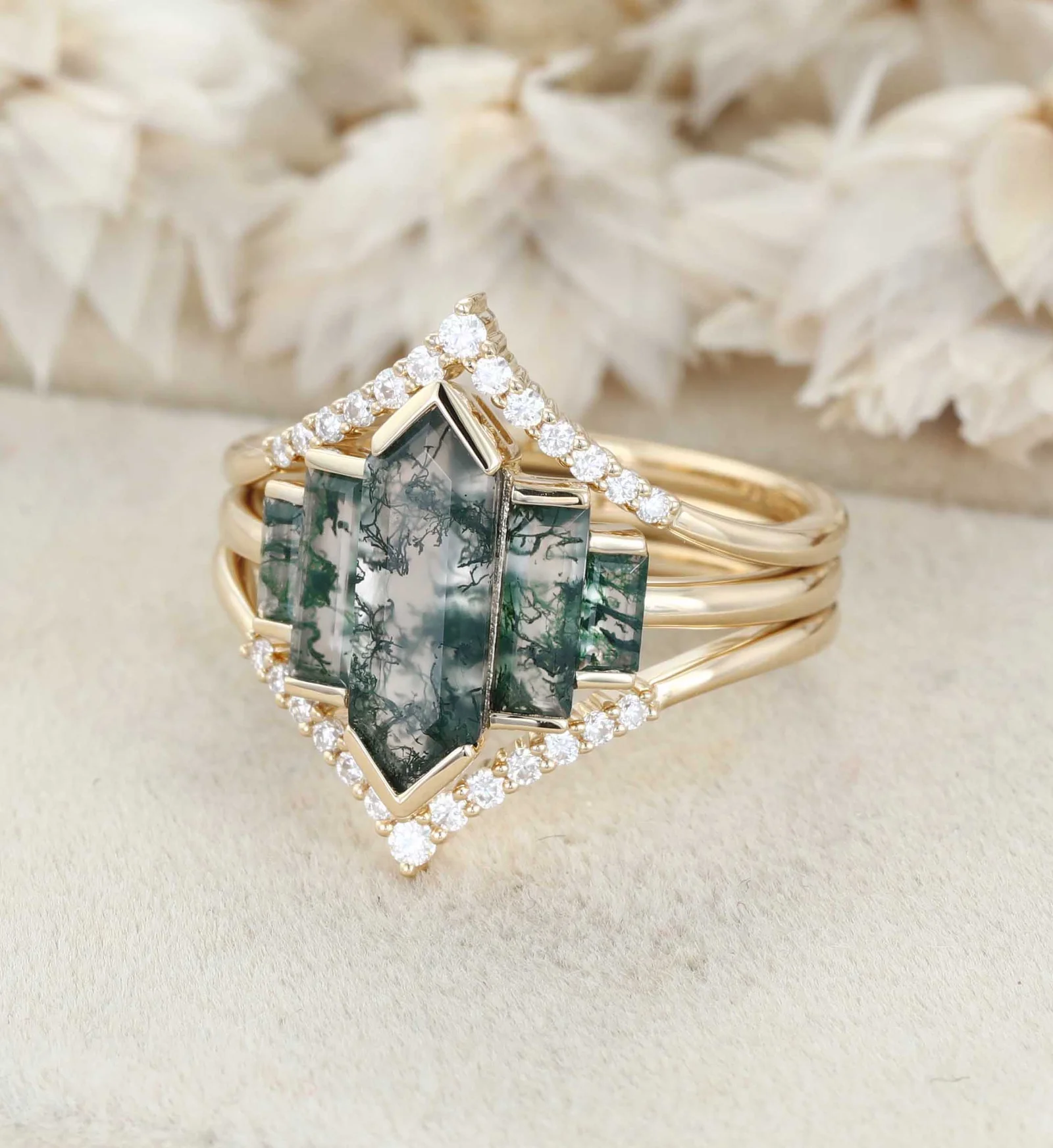3PCS Hexagon Moss Agate Engagement Ring Set in 14K Yellow Gold – Unique Bezel Cluster Baguette Design