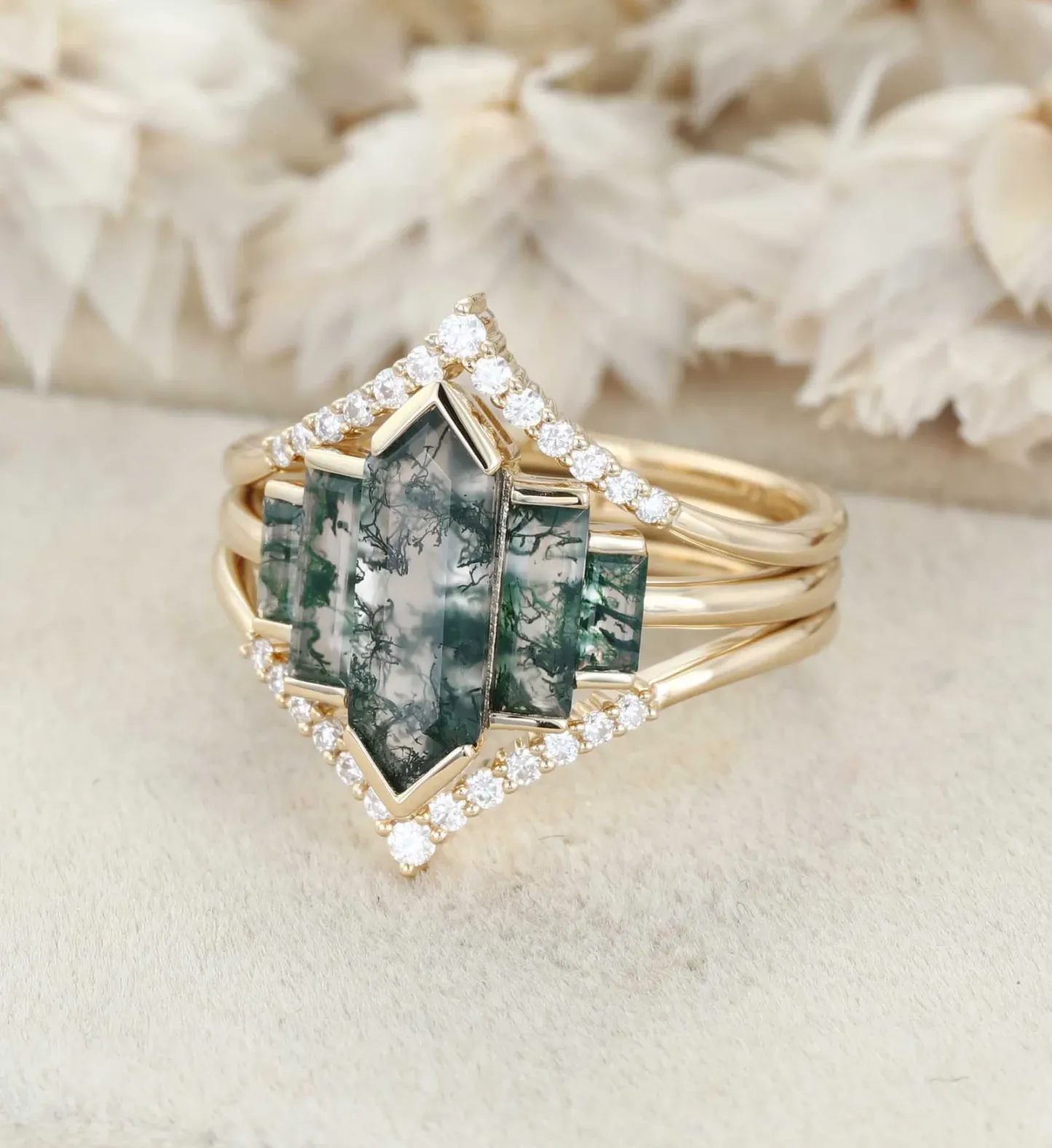 3PCS Hexagon Moss Agate Engagement Ring Set in 14K Yellow Gold – Unique Bezel Cluster Baguette Design