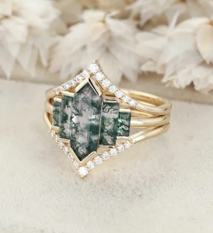 3PCS Hexagon Moss Agate Engagement Ring Set in 14K Yellow Gold – Unique Bezel Cluster Baguette Design
