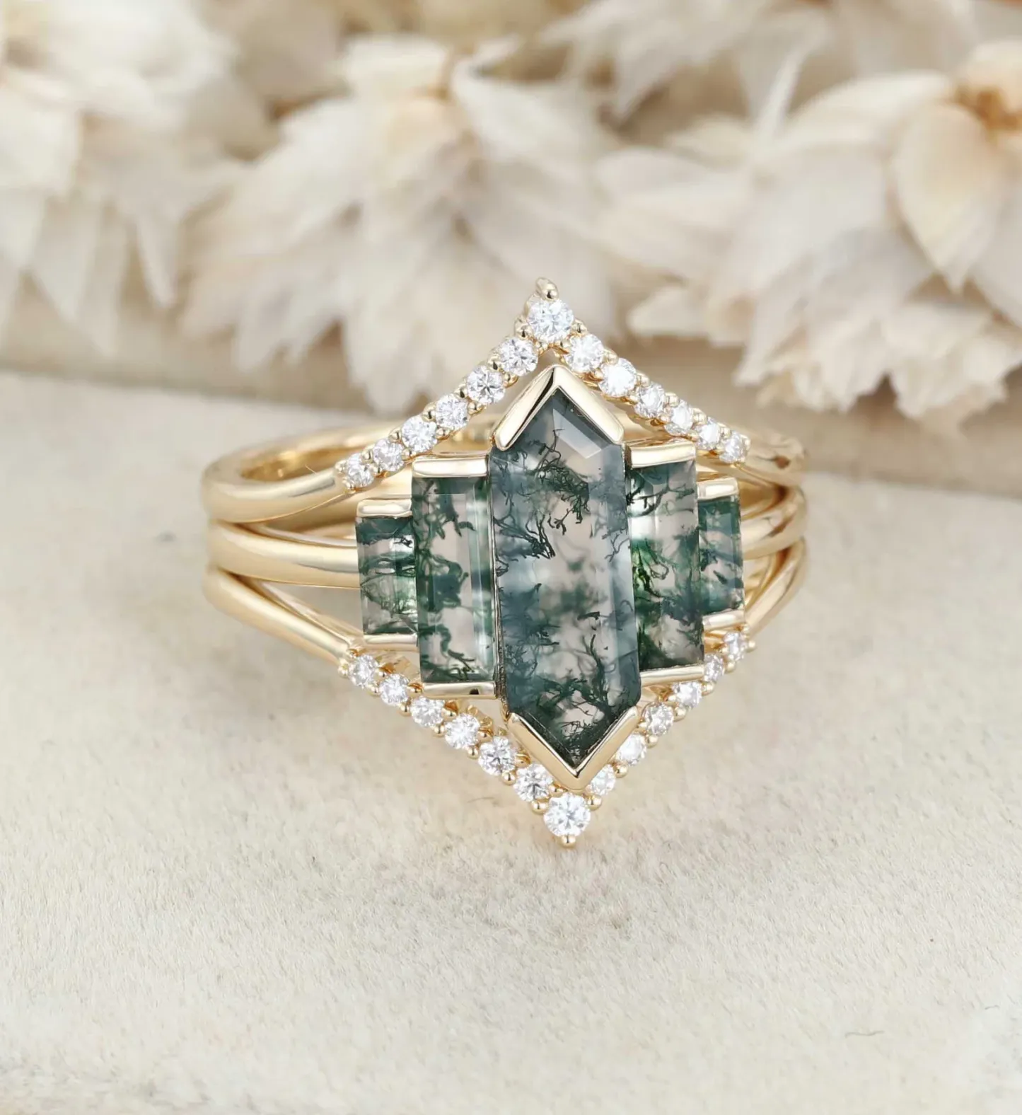3PCS Hexagon Moss Agate Engagement Ring Set in 14K Yellow Gold – Unique Bezel Cluster Baguette Design