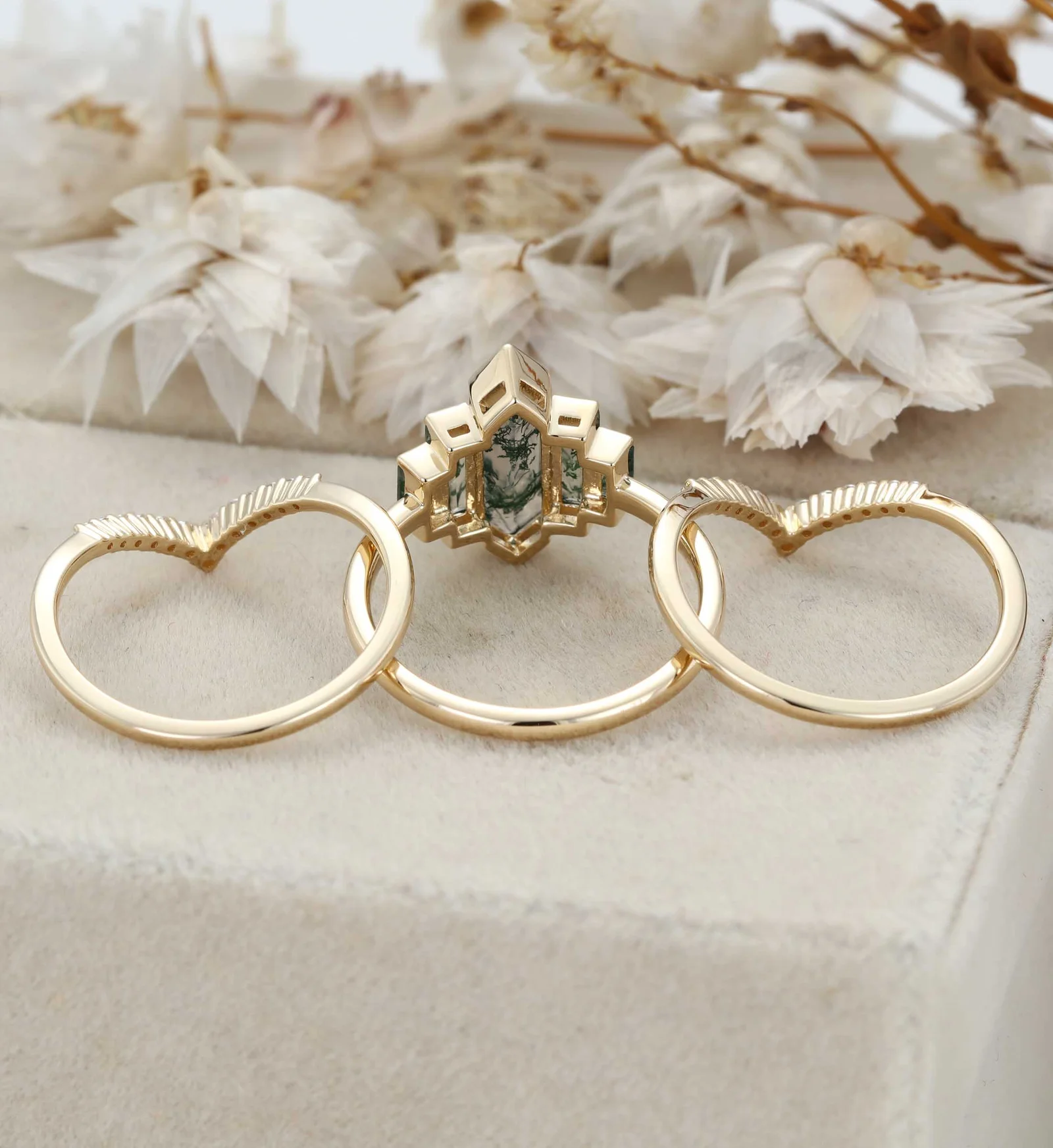 3PCS Hexagon Moss Agate Engagement Ring Set in 14K Yellow Gold – Unique Bezel Cluster Baguette Design