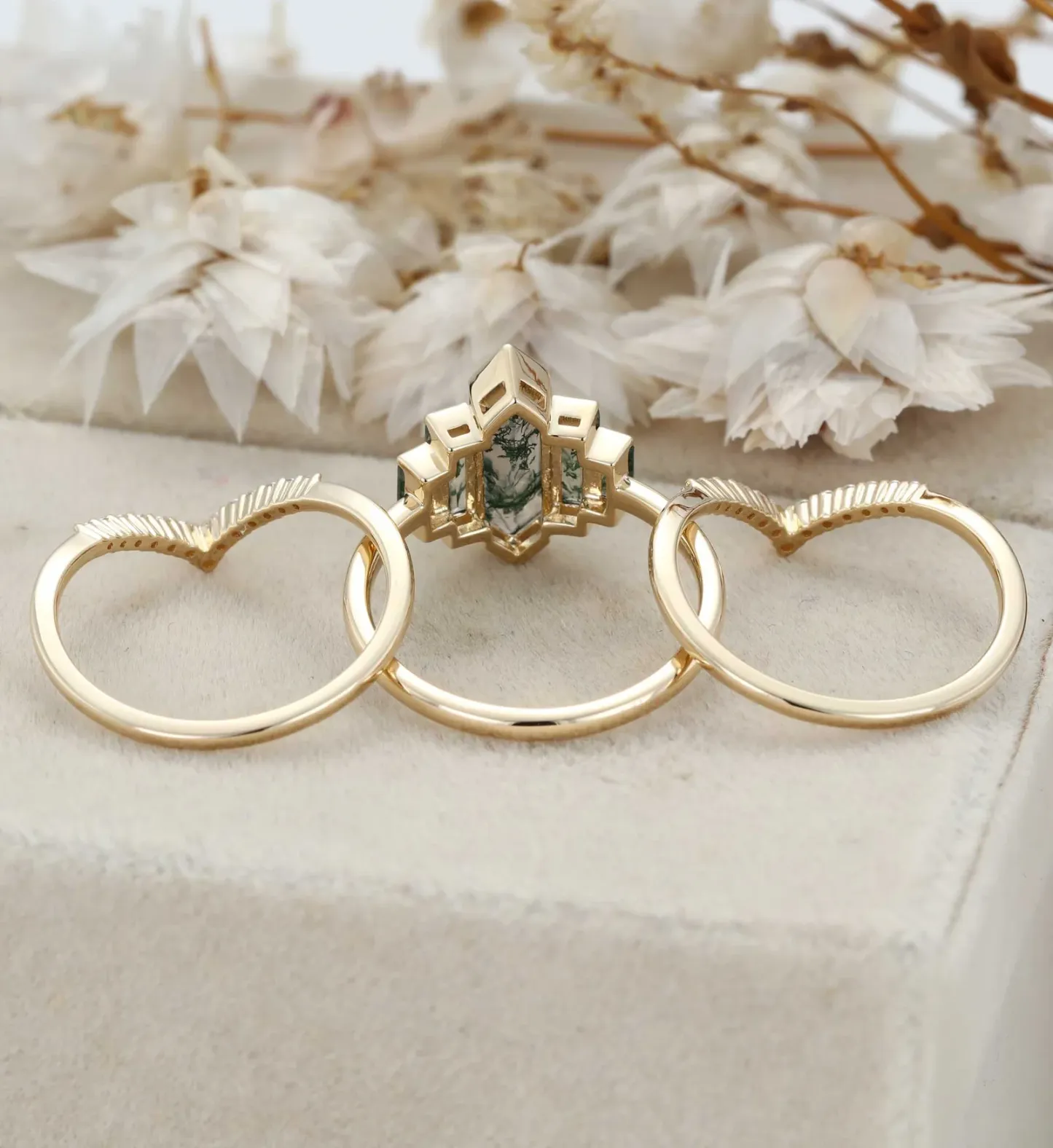 3PCS Hexagon Moss Agate Engagement Ring Set in 14K Yellow Gold – Unique Bezel Cluster Baguette Design