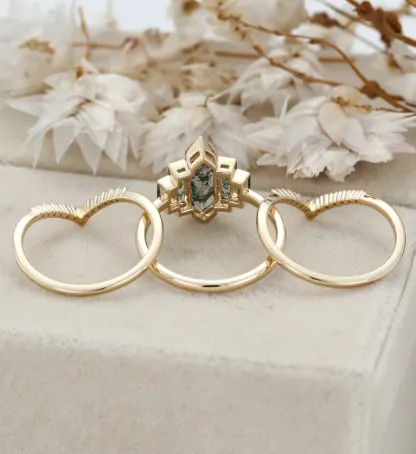 3PCS Hexagon Moss Agate Engagement Ring Set in 14K Yellow Gold – Unique Bezel Cluster Baguette Design