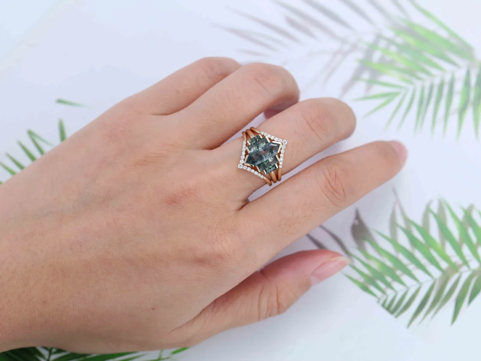 3PCS Hexagon Moss Agate Engagement Ring Set in 14K Yellow Gold – Unique Bezel Cluster Baguette Design