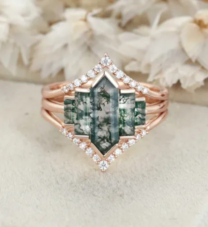 3PCS Hexagon Moss Agate Engagement Ring Set in 14K Yellow Gold – Unique Bezel Cluster Baguette Design