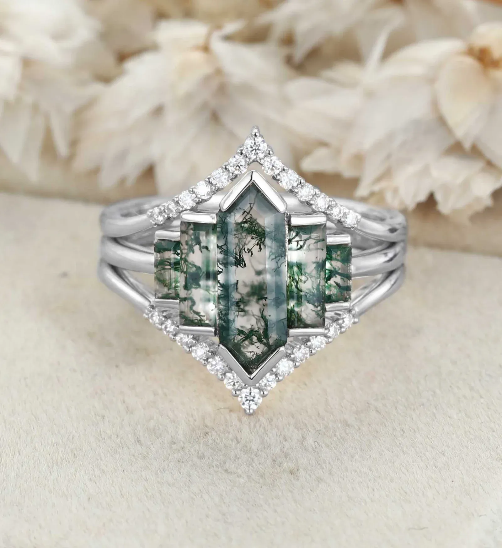 3PCS Hexagon Moss Agate Engagement Ring Set in 14K Yellow Gold – Unique Bezel Cluster Baguette Design