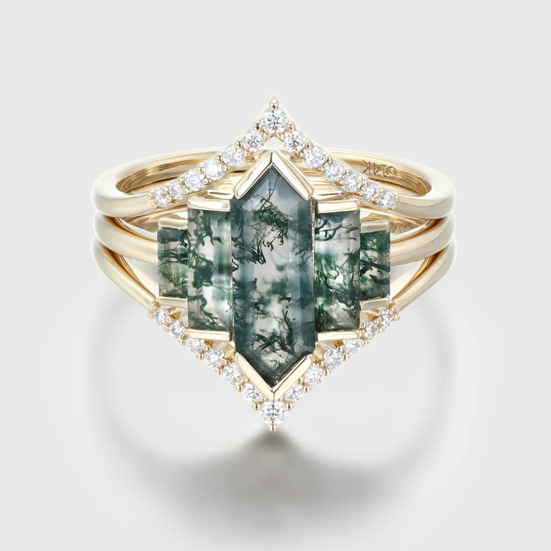 3PCS Hexagon Moss Agate Engagement Ring Set in 14K Yellow Gold – Unique Bezel Cluster Baguette Design