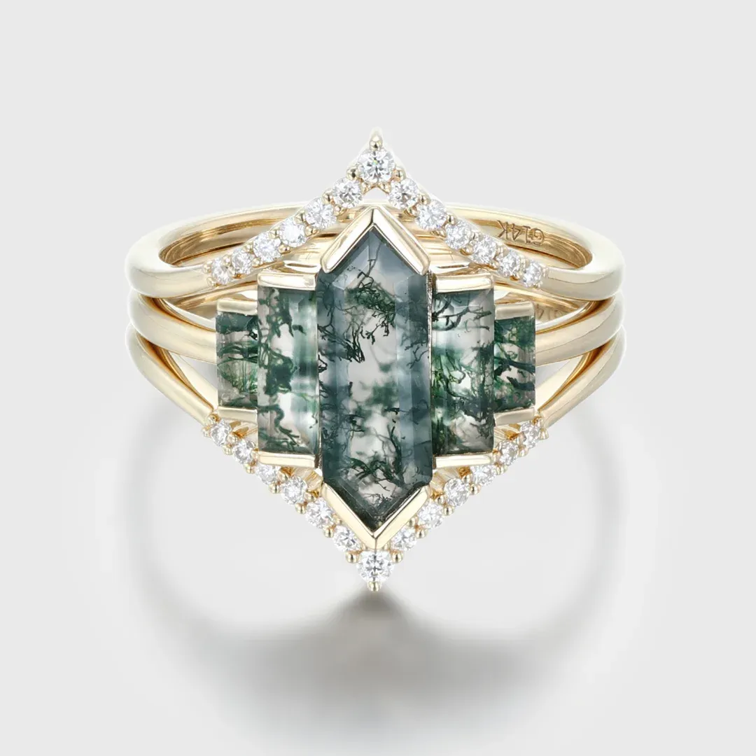 3PCS Hexagon Moss Agate Engagement Ring Set in 14K Yellow Gold – Unique Bezel Cluster Baguette Design