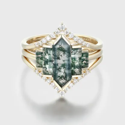 3PCS Hexagon Moss Agate Engagement Ring Set in 14K Yellow Gold – Unique Bezel Cluster Baguette Design