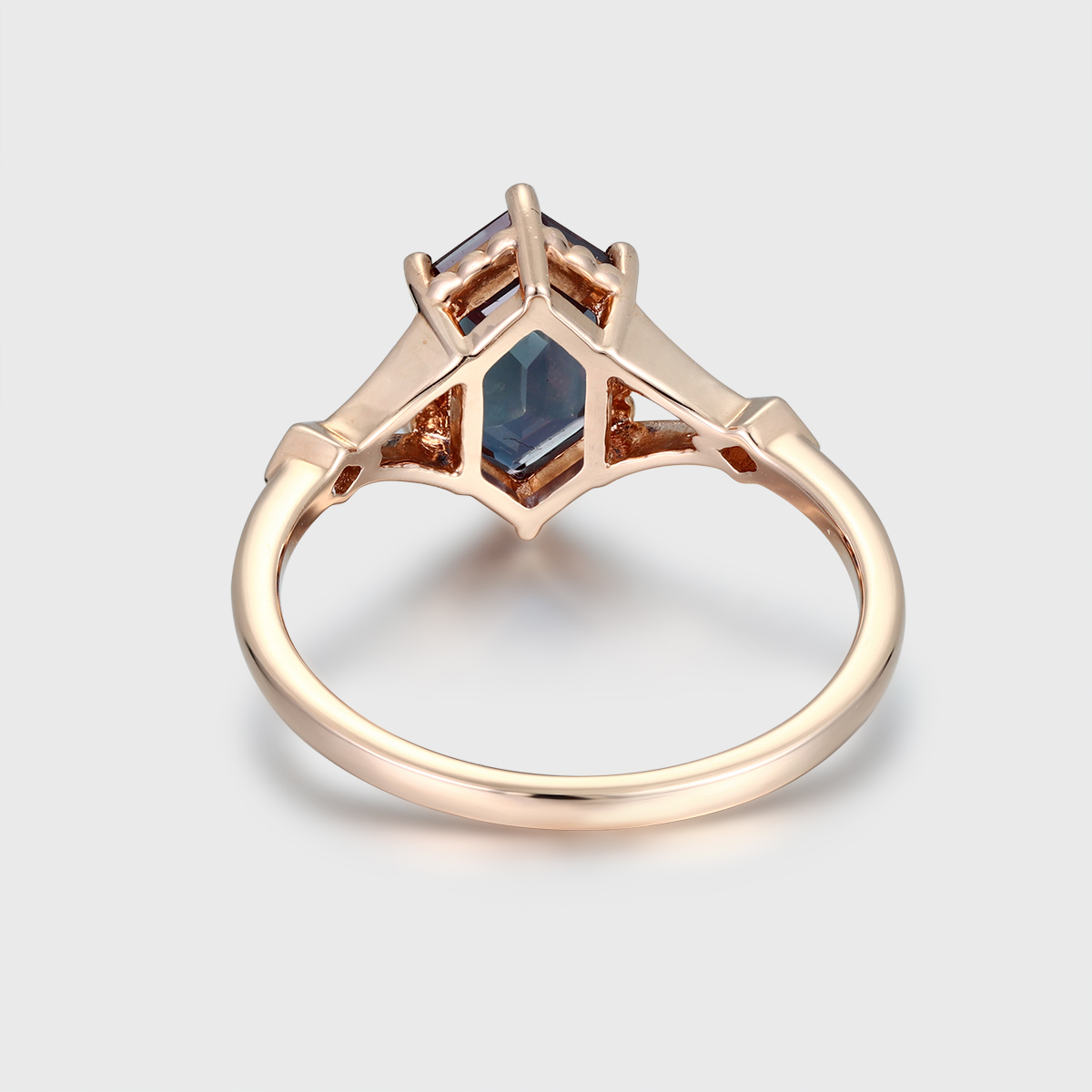 Unique Long Hexagon Cut Three-Stone Alexandrite Engagement Ring in Rose Gold