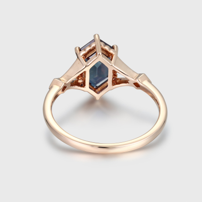 Unique Long Hexagon Cut Three-Stone Alexandrite Engagement Ring in Rose Gold  