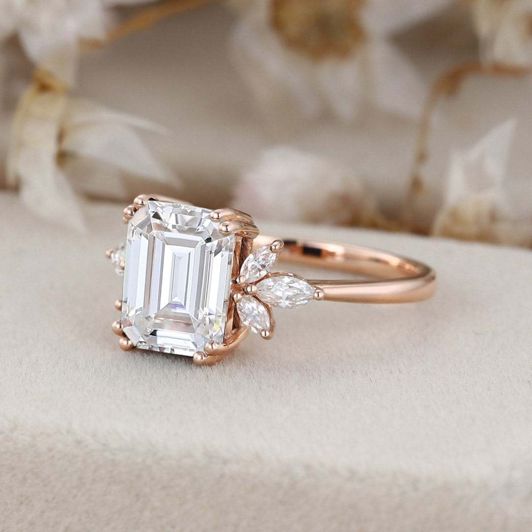 3ct Emerald Cut Moissanite Engagement Ring Rose Gold Engagement Ring Cluster Ring Moissanite Marquise Bridal Ring Promise Ring Anniversary