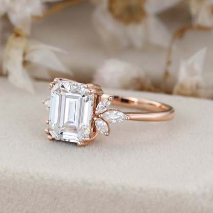 3ct Emerald Cut Moissanite Engagement Ring Rose Gold Engagement Ring Cluster Ring Moissanite Marquise Bridal Ring Promise Ring Anniversary