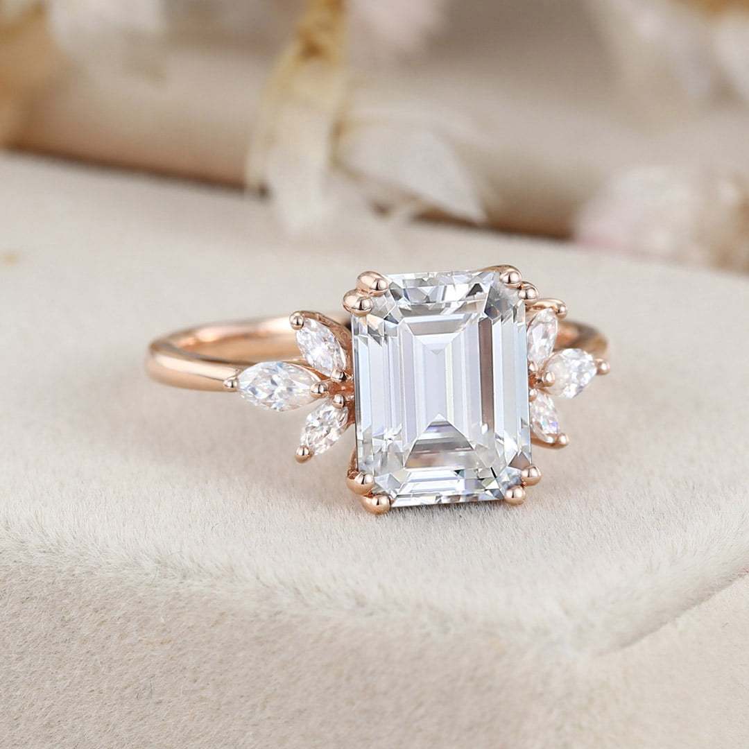 3ct Emerald Cut Moissanite Engagement Ring Rose Gold Engagement Ring Cluster Ring Moissanite Marquise Bridal Ring Promise Ring Anniversary