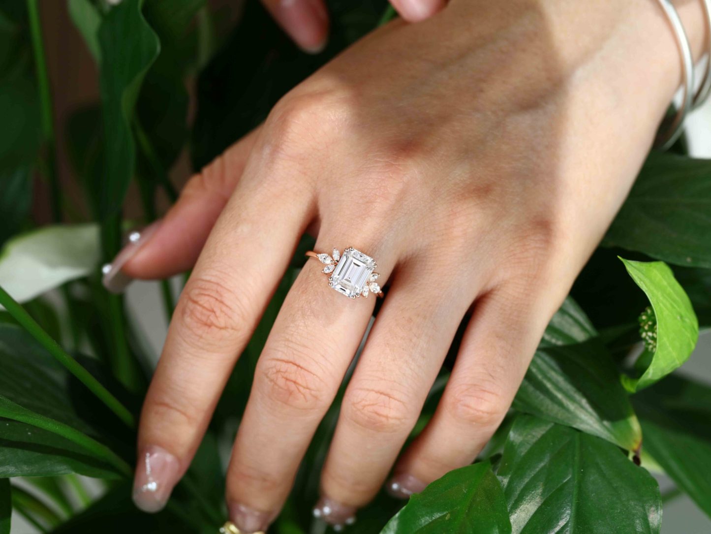 3ct Emerald Cut Moissanite Engagement Ring Rose Gold Engagement Ring Cluster Ring Moissanite Marquise Bridal Ring Promise Ring Anniversary