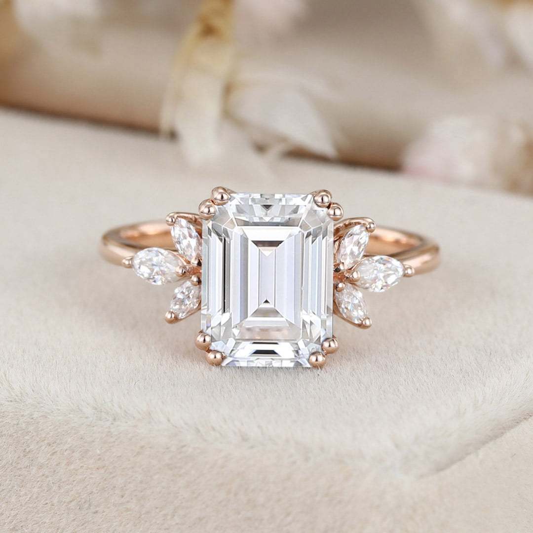 3ct Emerald Cut Moissanite Engagement Ring Rose Gold Engagement Ring Cluster Ring Moissanite Marquise Bridal Ring Promise Ring Anniversary