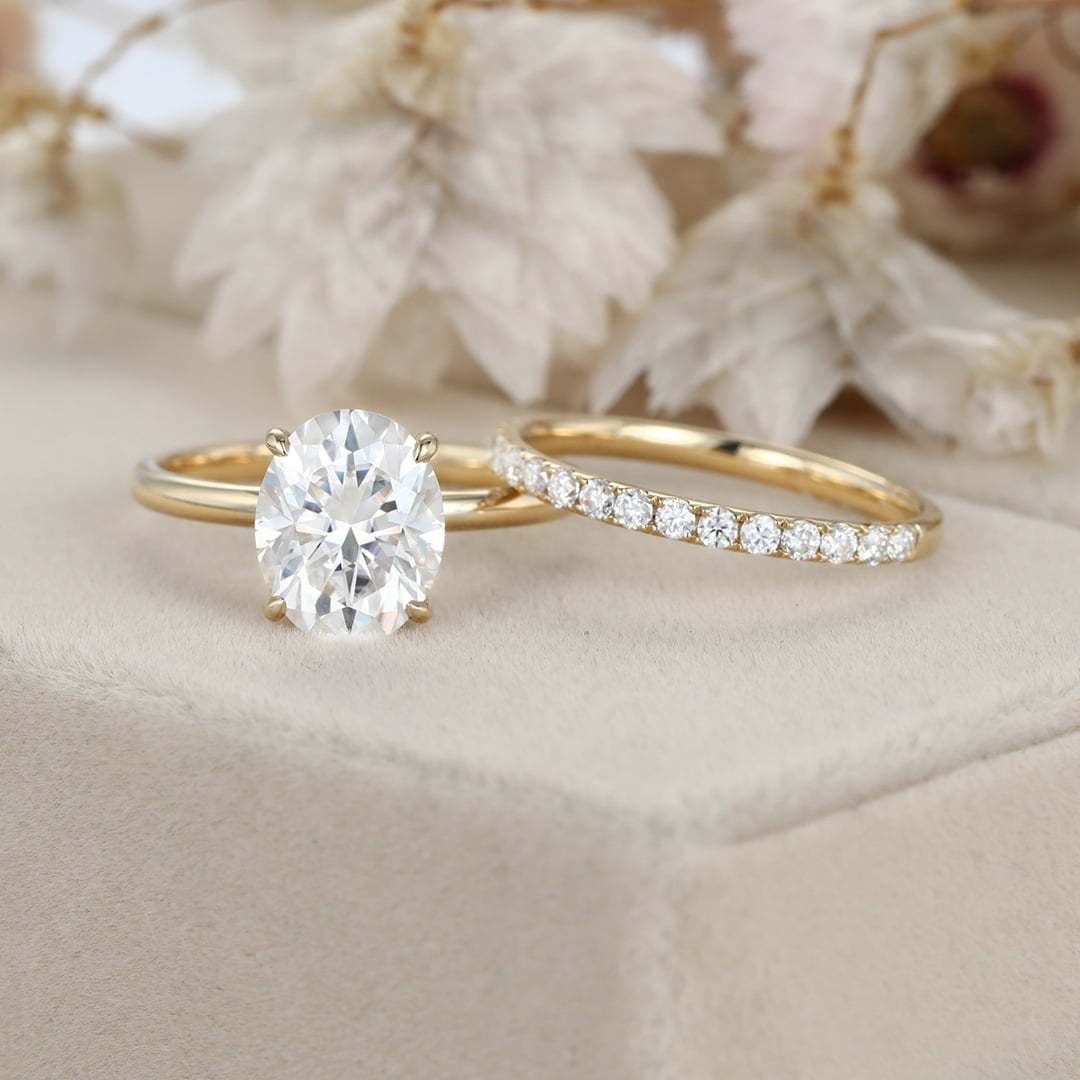 3ct Oval White Gold Engagement Ring set Unique Hidden Halo Bridal Set Colorless Moissanite Ring Oval Halo Ring Stacking Ring