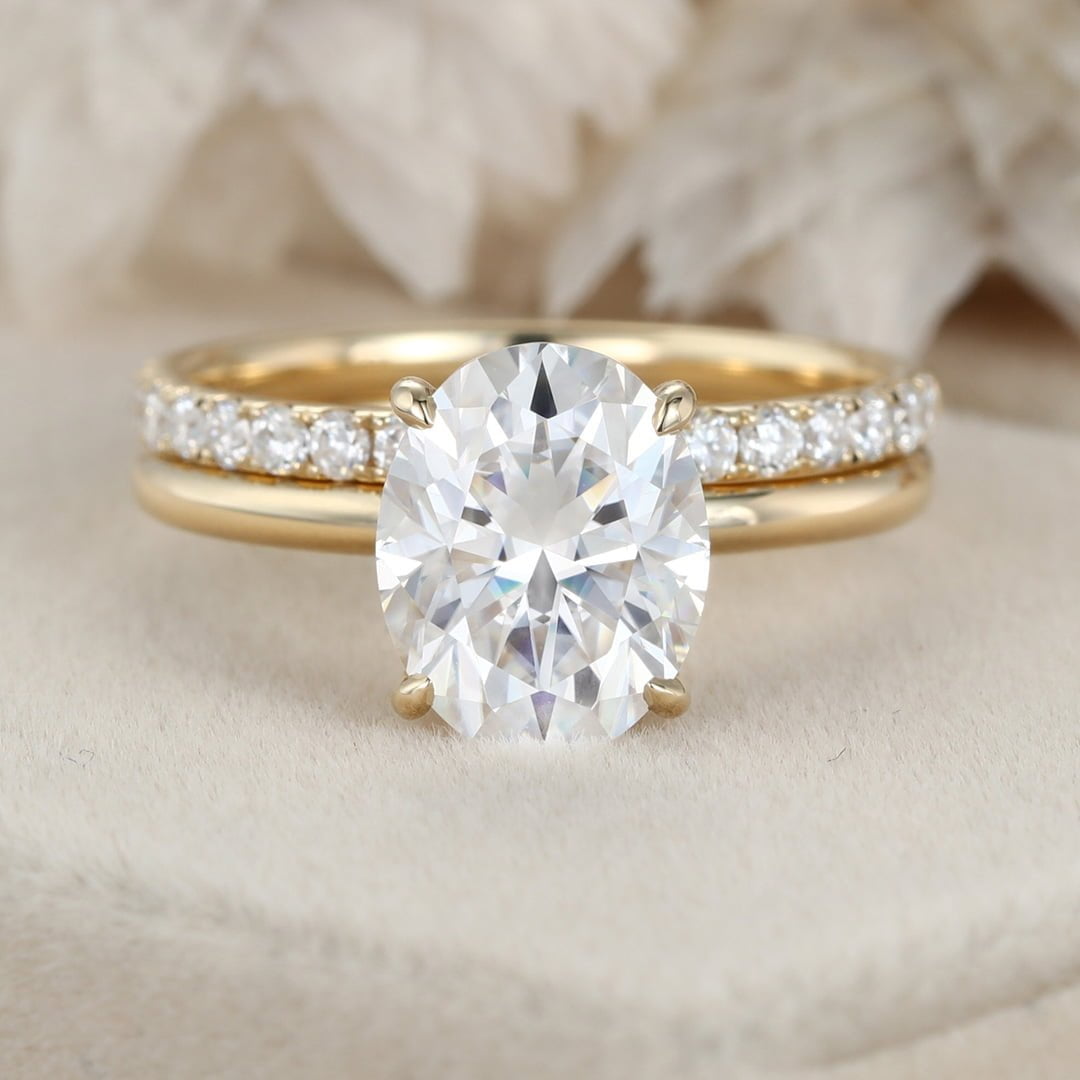 3ct Oval White Gold Engagement Ring set Unique Hidden Halo Bridal Set Colorless Moissanite Ring Oval Halo Ring Stacking Ring