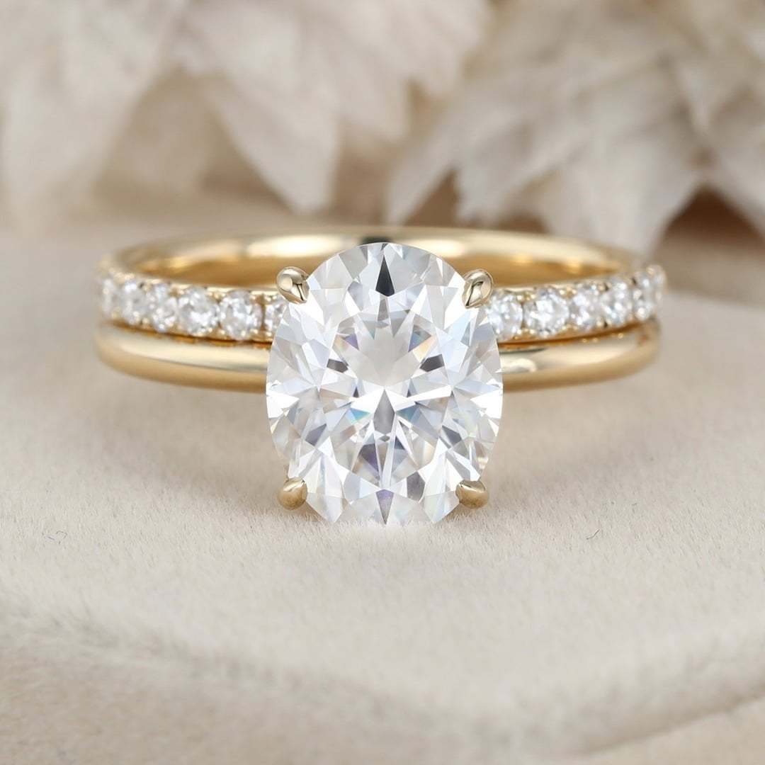 3ct Oval White Gold Engagement Ring set Unique Hidden Halo Bridal Set Colorless Moissanite Ring Oval Halo Ring Stacking Ring