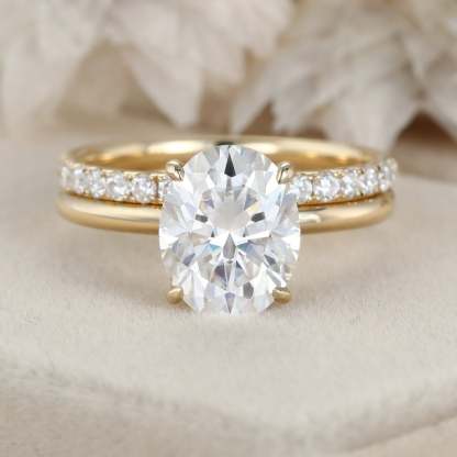 3ct Oval White Gold Engagement Ring set Unique Hidden Halo Bridal Set Colorless Moissanite Ring Oval Halo Ring Stacking Ring