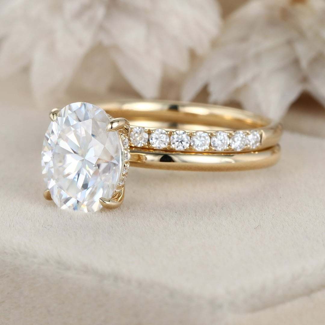 3ct Oval White Gold Engagement Ring set Unique Hidden Halo Bridal Set Colorless Moissanite Ring Oval Halo Ring Stacking Ring