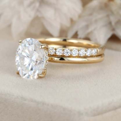 3ct Oval White Gold Engagement Ring set Unique Hidden Halo Bridal Set Colorless Moissanite Ring Oval Halo Ring Stacking Ring