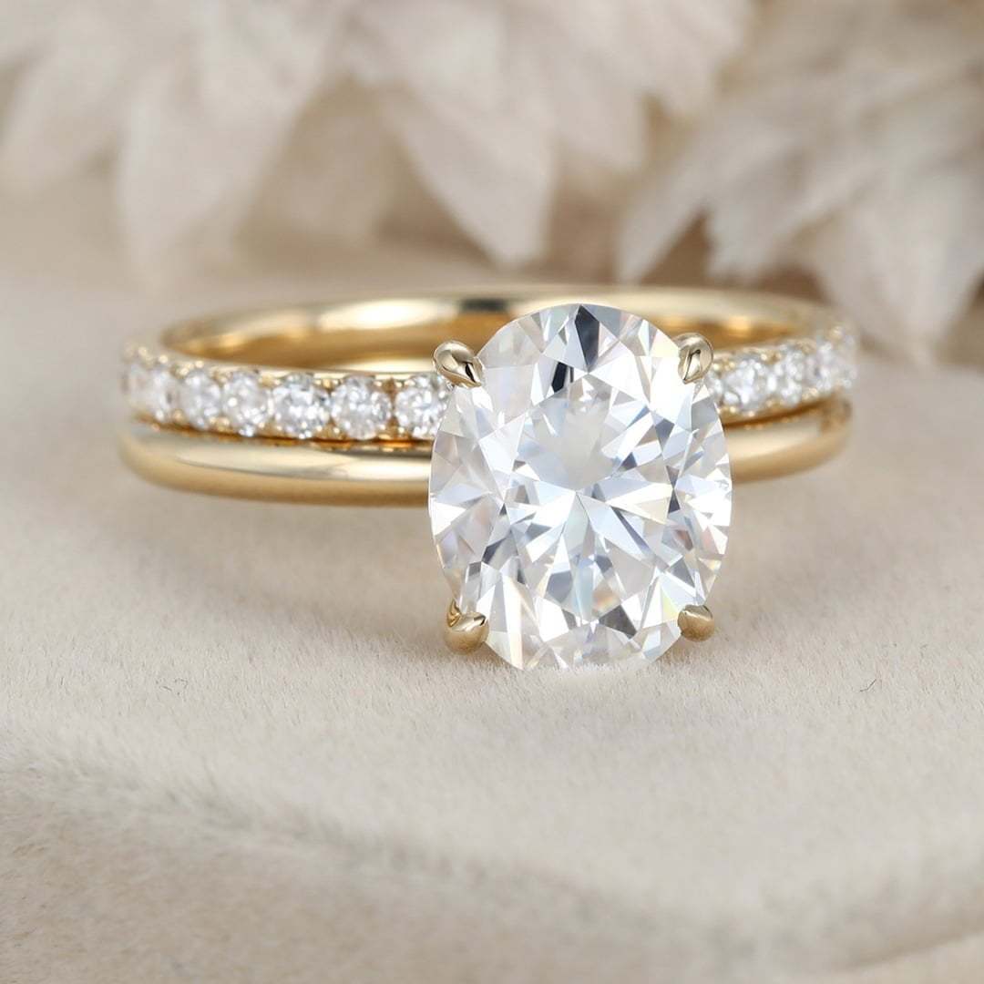 3ct Oval White Gold Engagement Ring set Unique Hidden Halo Bridal Set Colorless Moissanite Ring Oval Halo Ring Stacking Ring