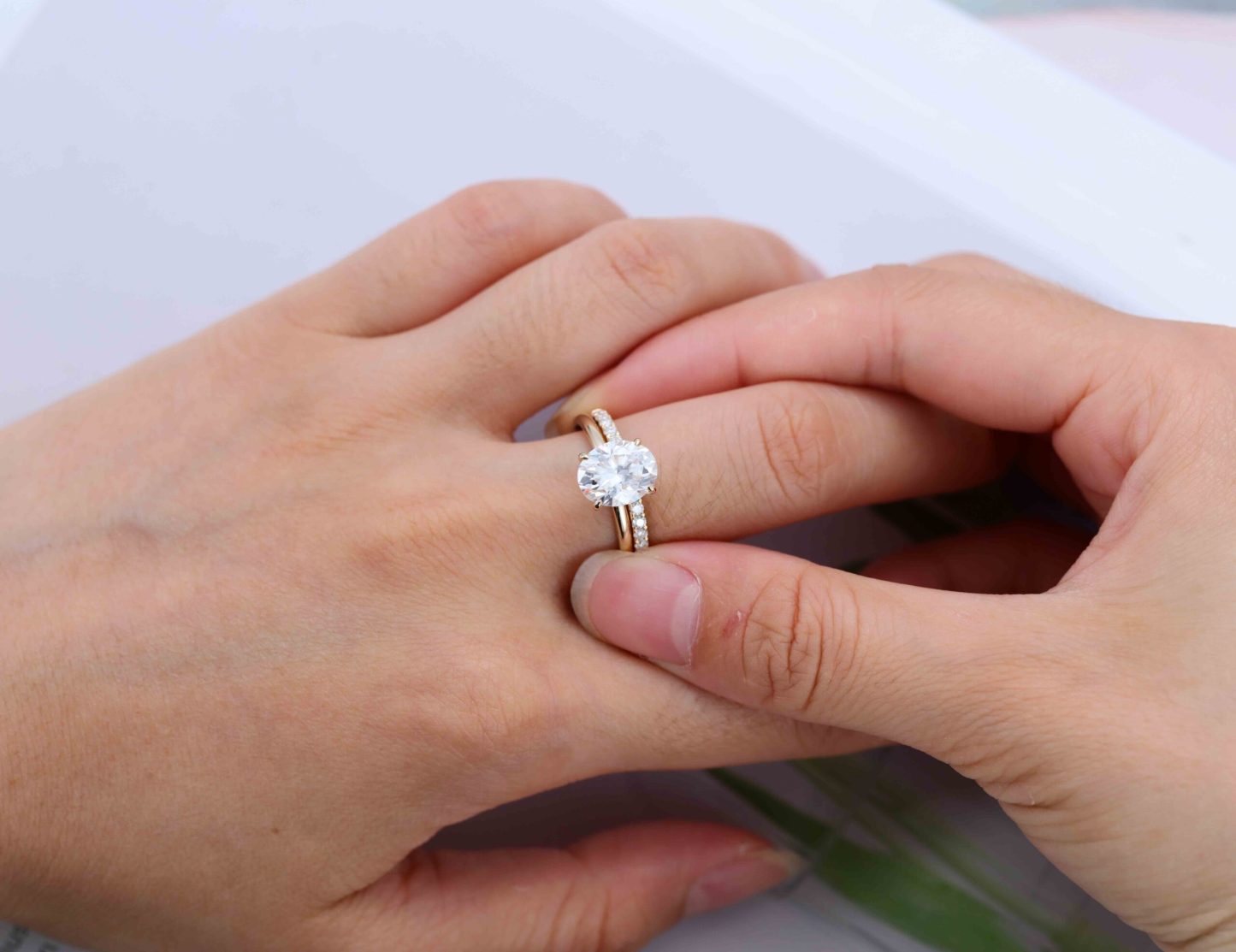 3ct Oval White Gold Engagement Ring set Unique Hidden Halo Bridal Set Colorless Moissanite Ring Oval Halo Ring Stacking Ring