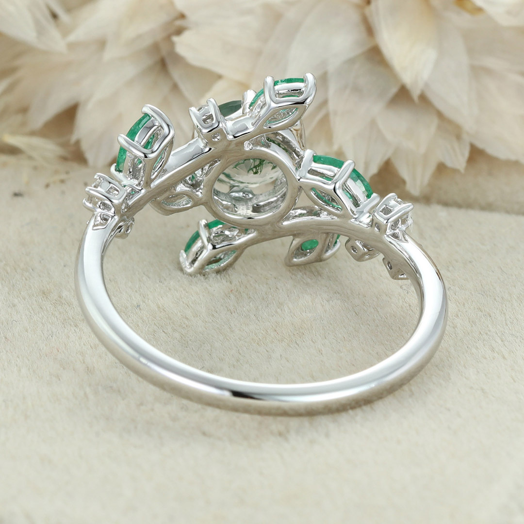 Round Moss agate Engagement Ring Vintage Unique 14K Solid White gold Moissanite engagement ring nature inspired Bridal set Anniversary gift