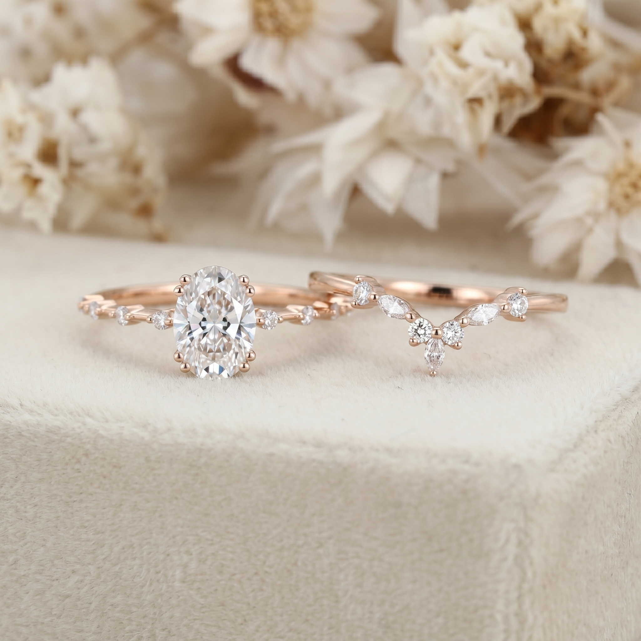 Vintage 1.5 Carat Oval Lab Grown Diamonds Bridal Ring Set in 14K Rose Gold – Engagement and Wedding Set