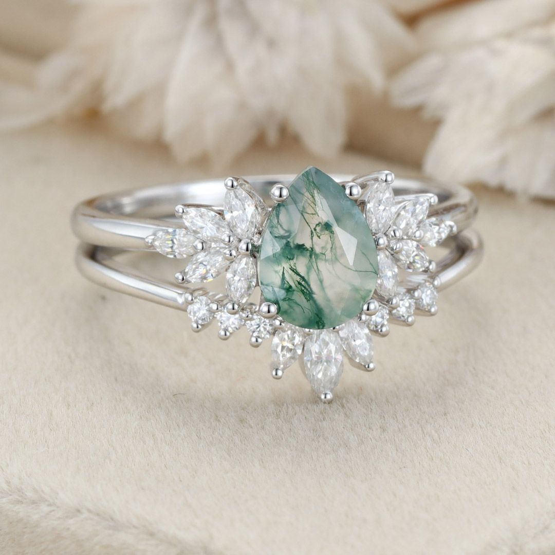 Natural Green Moss Agate 2PCS Pear Cluster Engagement ring Bridal Set