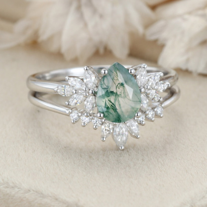 Natural Green Moss Agate 2PCS Pear Cluster Engagement ring Bridal Set