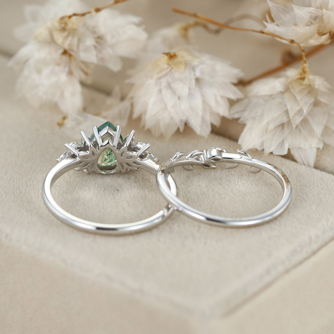 Natural Moss Agate Pear cut Engagement ring Bridal Sets
