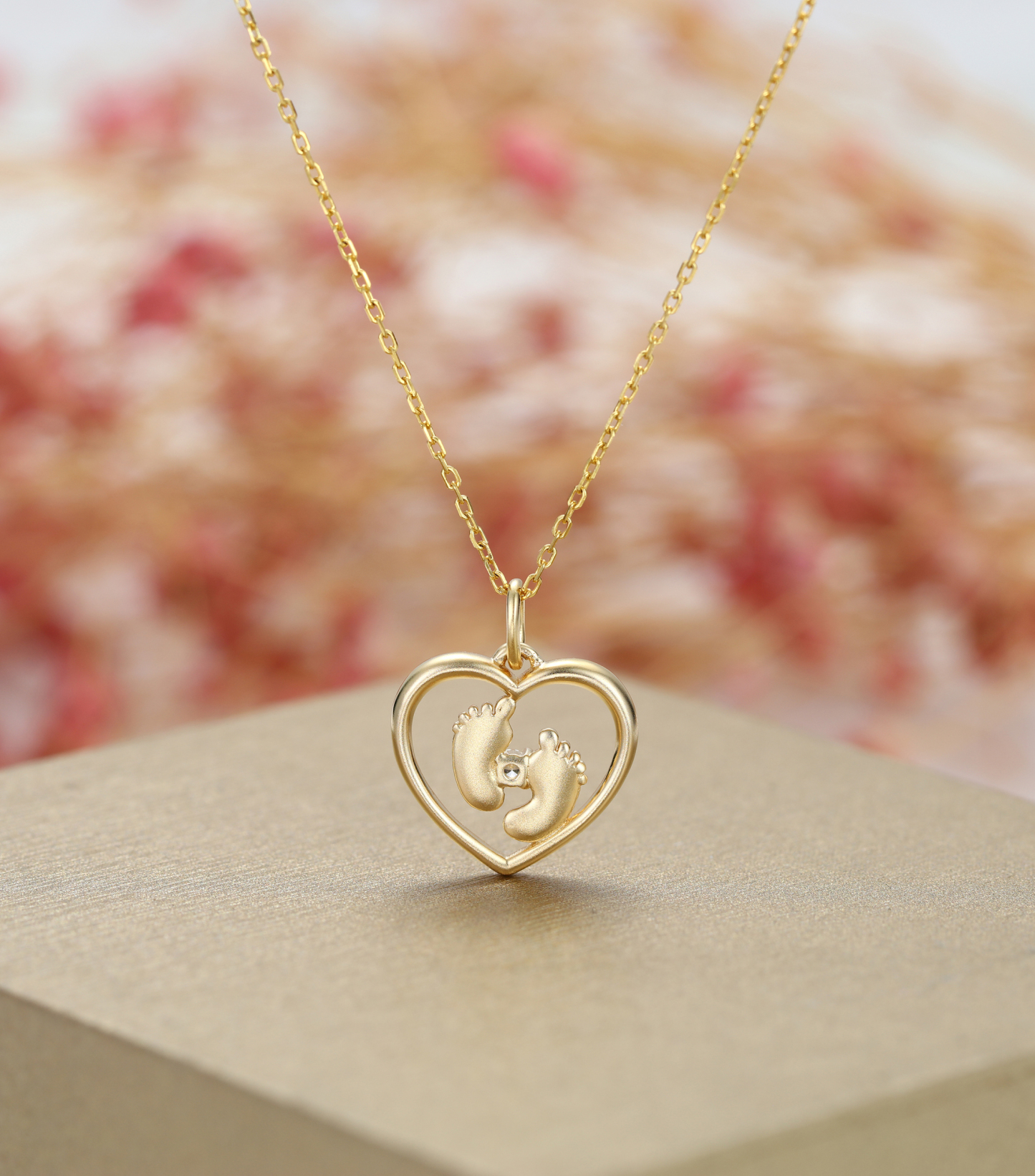 Customized Birthstone Footprint Heart Pendant Necklace – Gold or Silver Plated – Delicate Gift for Women, Moms, and Kids