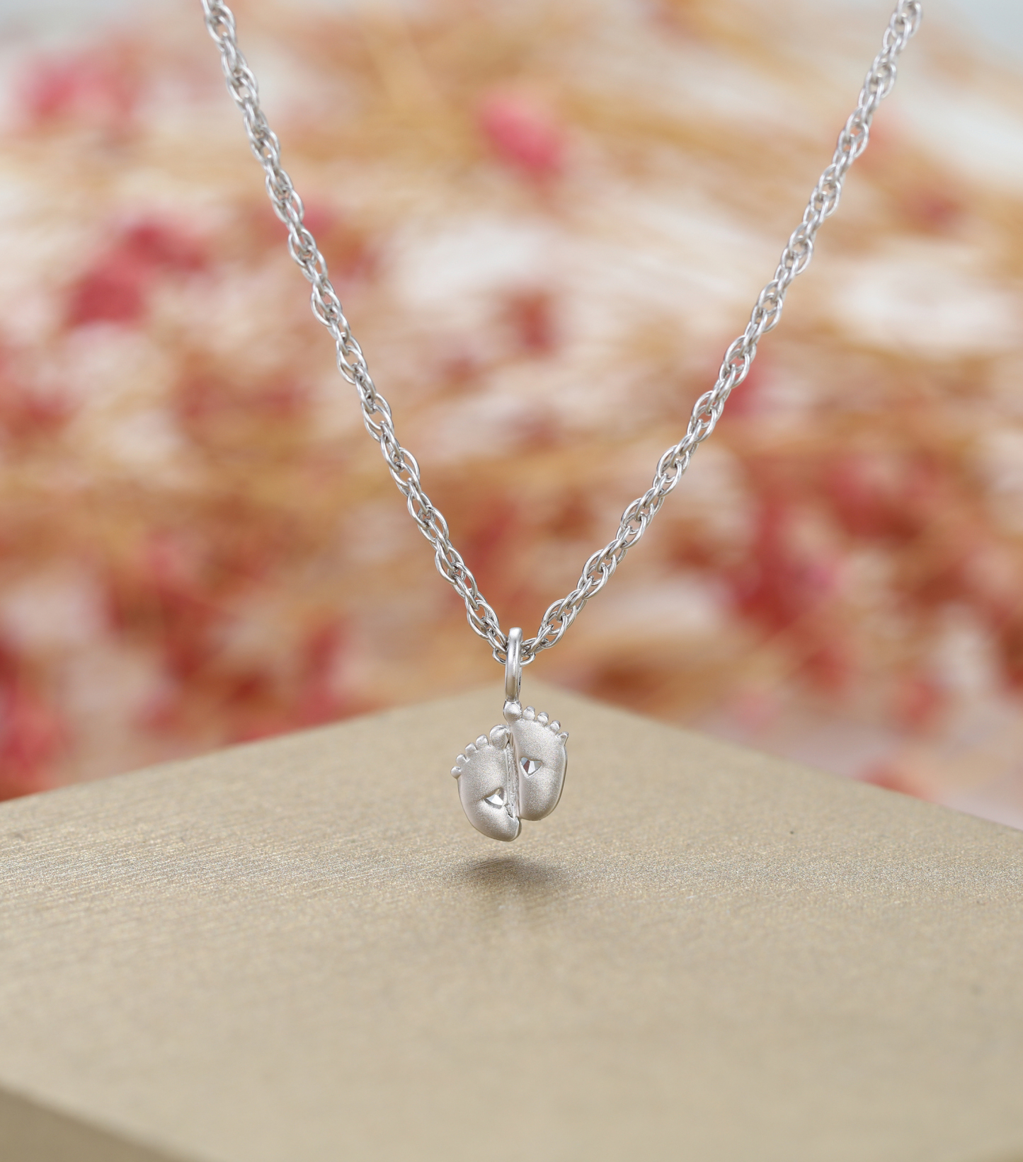 White Gold-Plated Customized Two-Stone Heart-Cut Birthstone Mini Baby Feet Necklace – Personalized Gift for Moms