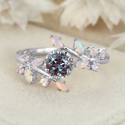 5.0mm Round Cut Alexandrite Engagement Ring Vintage 14K Rose Gold Engagement Ring Art Deco Unique Dainty Marquise Opal Bridal Ring