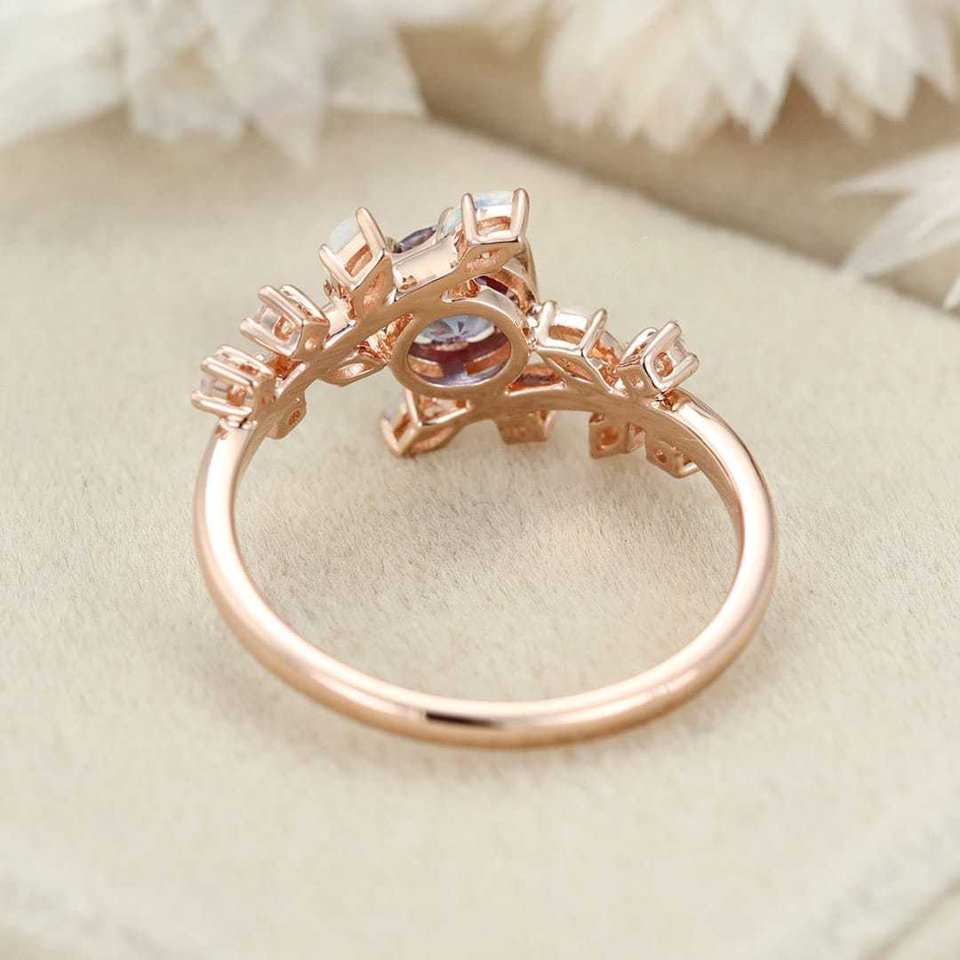 5.0mm Round Cut Alexandrite Engagement Ring Vintage 14K Rose Gold Engagement Ring Art Deco Unique Dainty Marquise Opal Bridal Ring