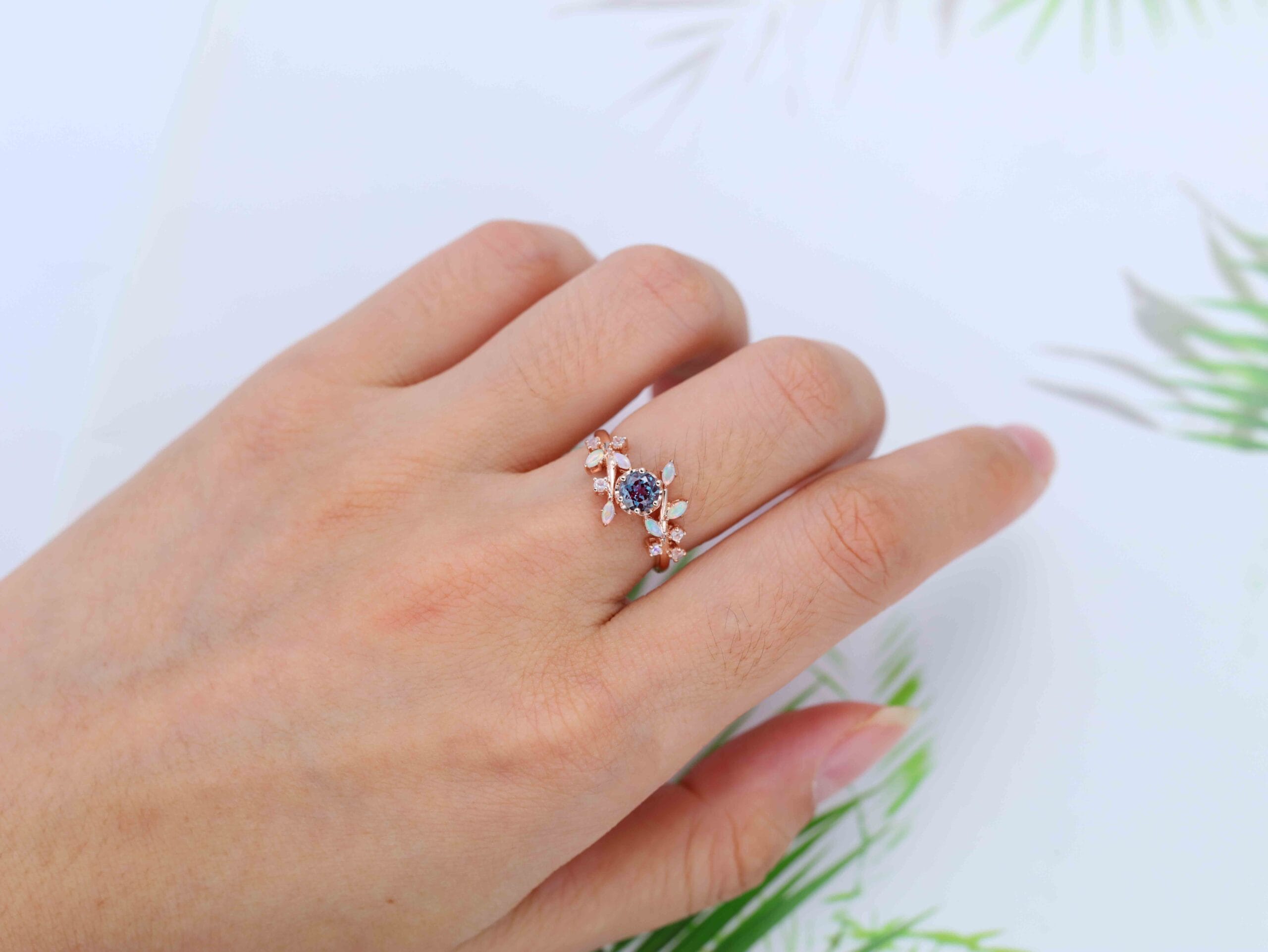 5.0mm Round Cut Alexandrite Engagement Ring Vintage 14K Rose Gold Engagement Ring Art Deco Unique Dainty Marquise Opal Bridal Ring