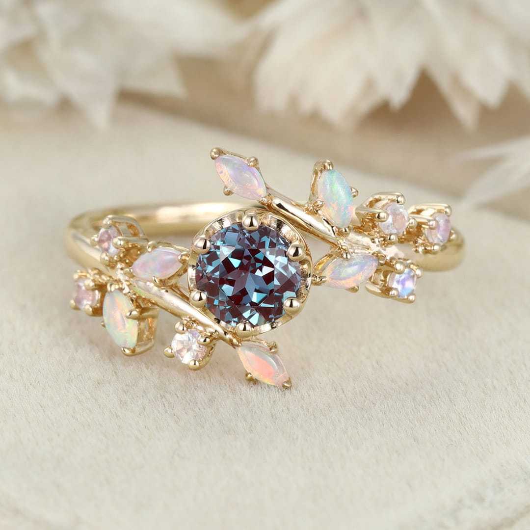 5.0mm Round Cut Alexandrite Engagement Ring Vintage 14K Rose Gold Engagement Ring Art Deco Unique Dainty Marquise Opal Bridal Ring
