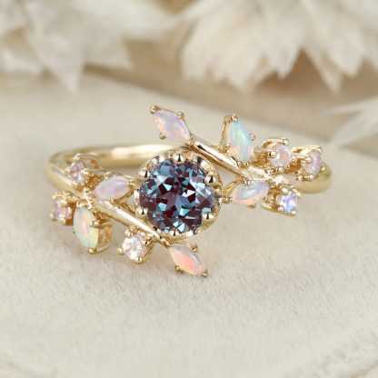 5.0mm Round Cut Alexandrite Engagement Ring Vintage 14K Rose Gold Engagement Ring Art Deco Unique Dainty Marquise Opal Bridal Ring