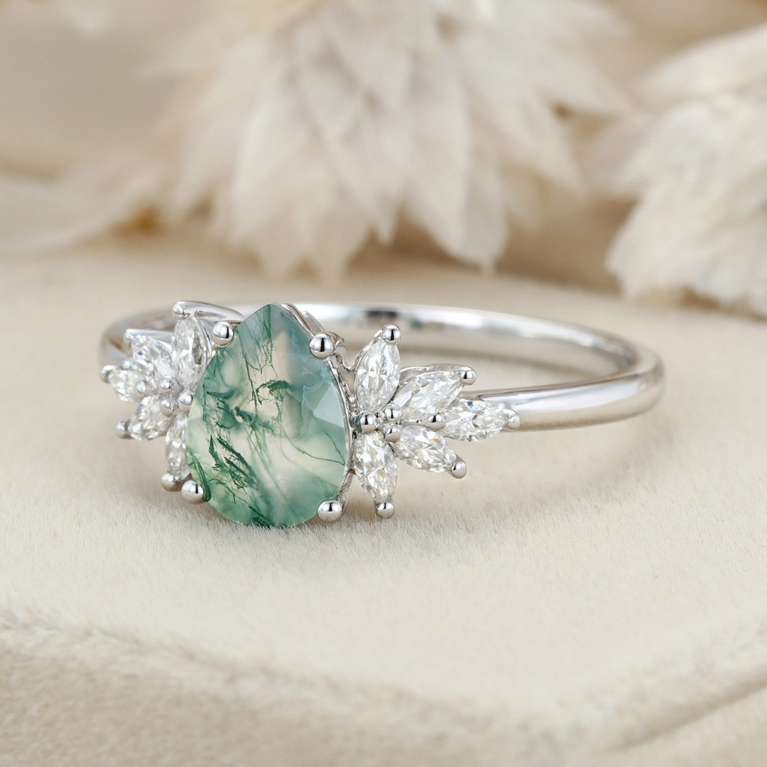Natural Green Moss Agate Pear cut Cluster Engagement rings
