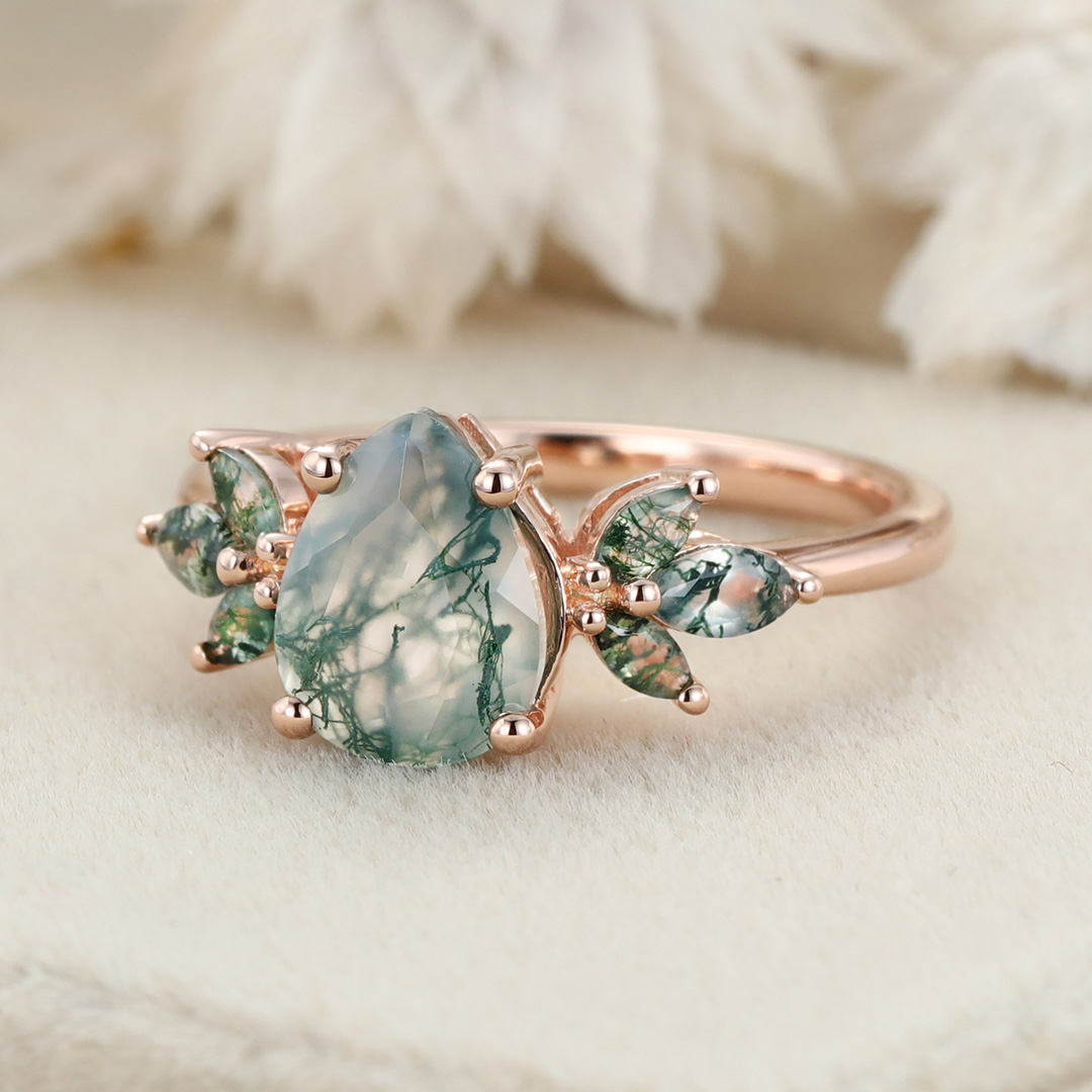 Natural Green Moss Agate pear cut cluster Engagement Ring