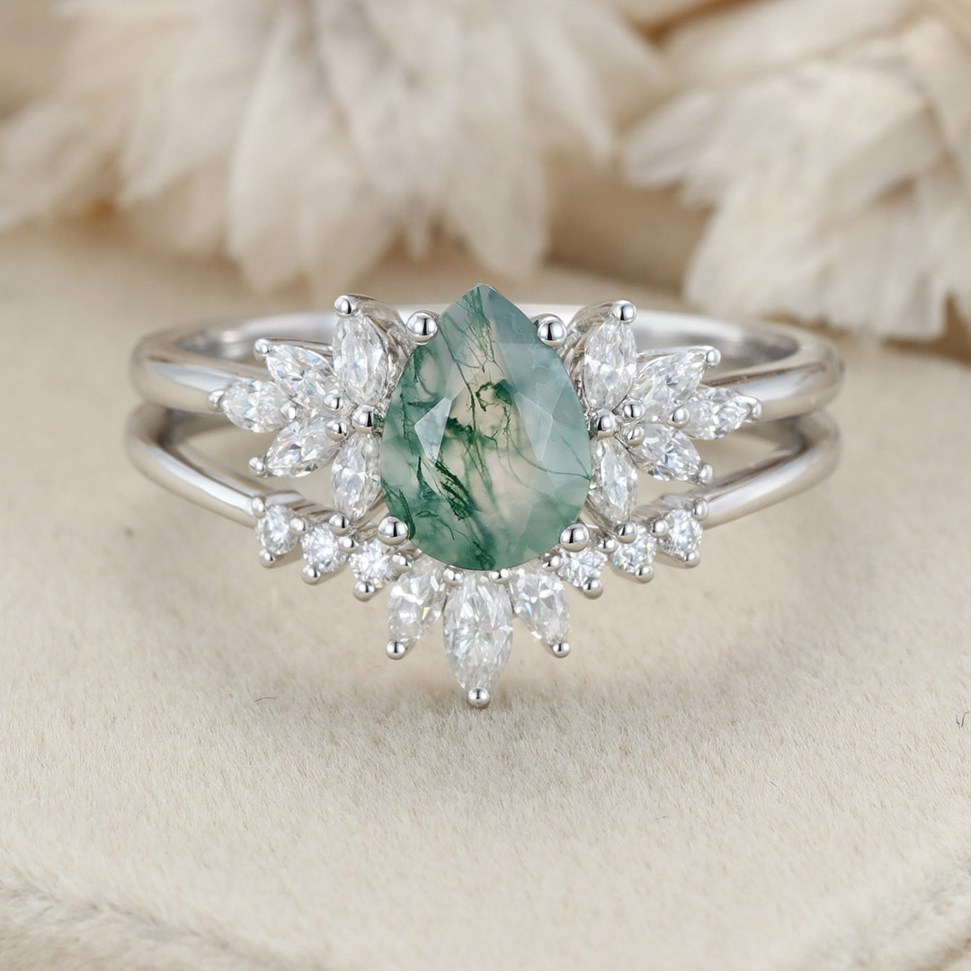 Natural Green Moss Agate 2PCS Pear Cluster Engagement ring Bridal Set