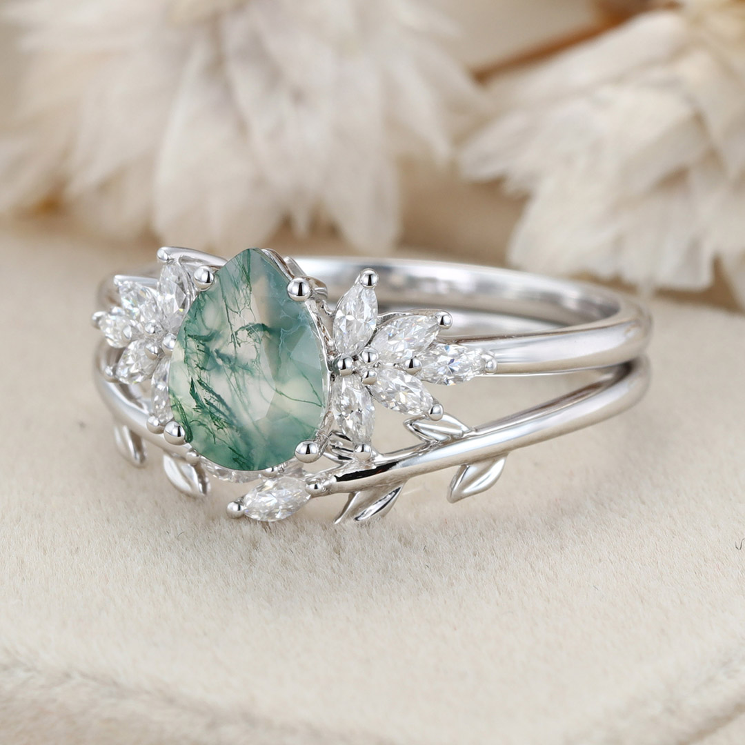 Natural Moss Agate Pear cut Engagement ring Bridal Sets